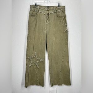 Hot Topic Faded Olive Green Cotton Wide Leg Jeans XL Raw Hems Star Pattern